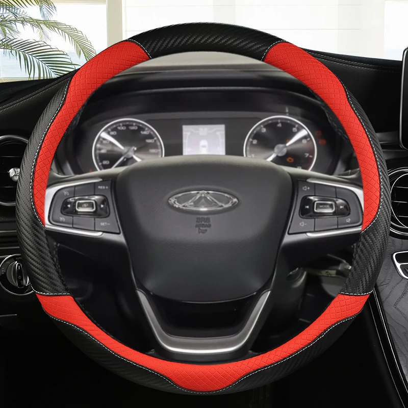 For Chery Tiggo 7 Pro Tiggo 7 Plus Tiggo 8 Plus Tiggo 5X Pro Car Steering Wheel Cover Carbon Fiber +Leather Auto Accessories