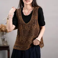 Solid Color Hollow Out Knitting Top Vest Patchwork Female See-Through Sleeveless Crop Top Fashion Knitwear Pullover Vest L56