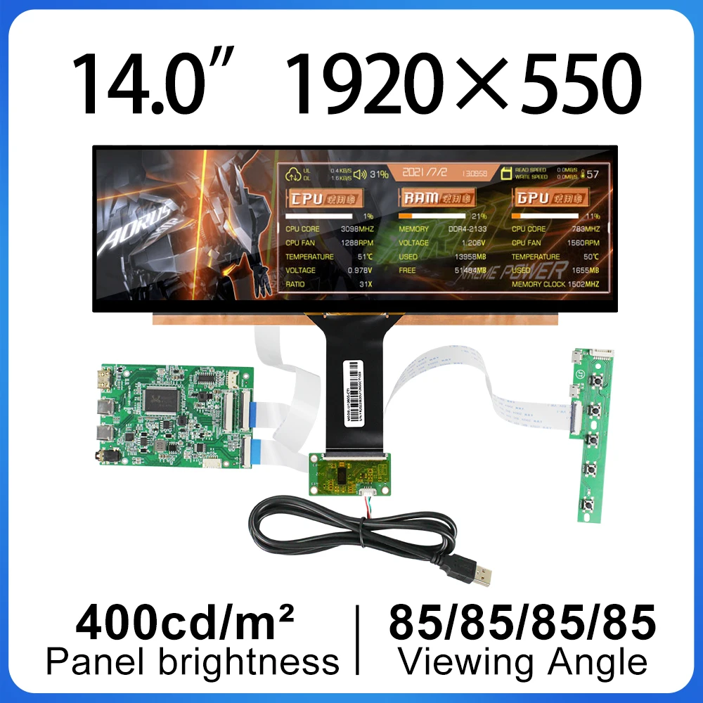 

14 Inch IPS Stretched Bar LCD Display 2K Capacitive Touch Panel Type-C Driver Board Sync Phone Video Raspberry Pi