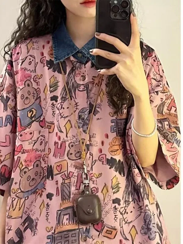 

Cartoon Elegant Personality Women Woman White Shirt Long Sleeve Blouse Cartoon Lady Pink Shirts Button Solid Women Blouses