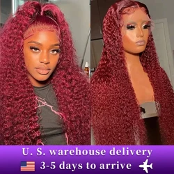 Perruque Lace Front Wig Deep Wave brésilienne naturelle, cheveux bouclés, rouge bordeaux 99J, 13x6, 13x4