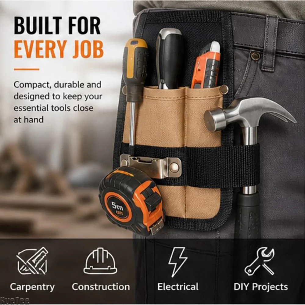 Portable Tool Belt Pouch with Tape Measure Hooks Elastic Straps for Electrician Tool Organizer