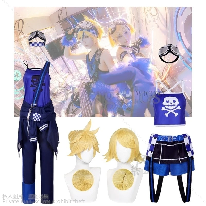 Anime Game Project Sekai Colorful Stage Cosplay Vtuber Ren Len Lolita Singer Blue Uniform Suit Halloween Party Cosplay Dress Wig