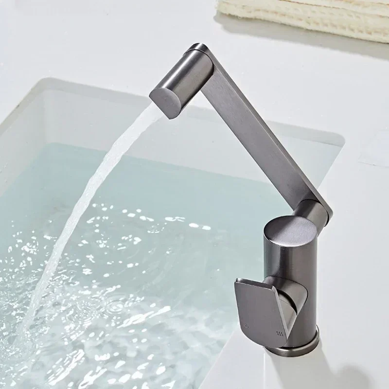 Grifo de lavabo frío y caliente giratorio gris de 360 grados, grifo de lavabo de aluminio extraíble de un solo orificio para baños