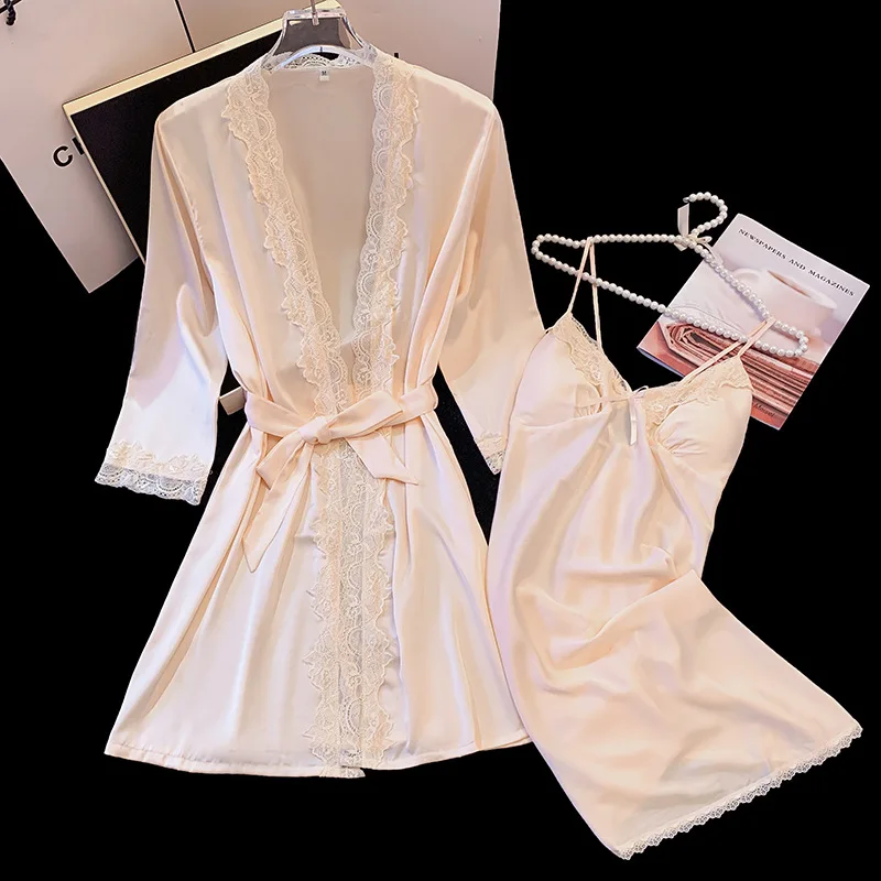 

Женский комплект нижнего белья из 2 предметов: атласная кружевная ночная сорочка и халат с поясом во французском стиле, сексуальная пижама для свадьбы и медового месяца