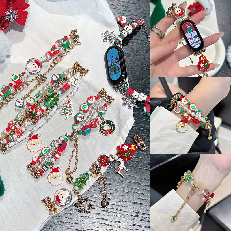 

Christmas Metal Strap for Xiaomi Mi Band 9 8 7 6 5 4 Santa Claus Pendant Bead Bracelets for Redmi Watch 4 Wristband for Mi 8 Pro