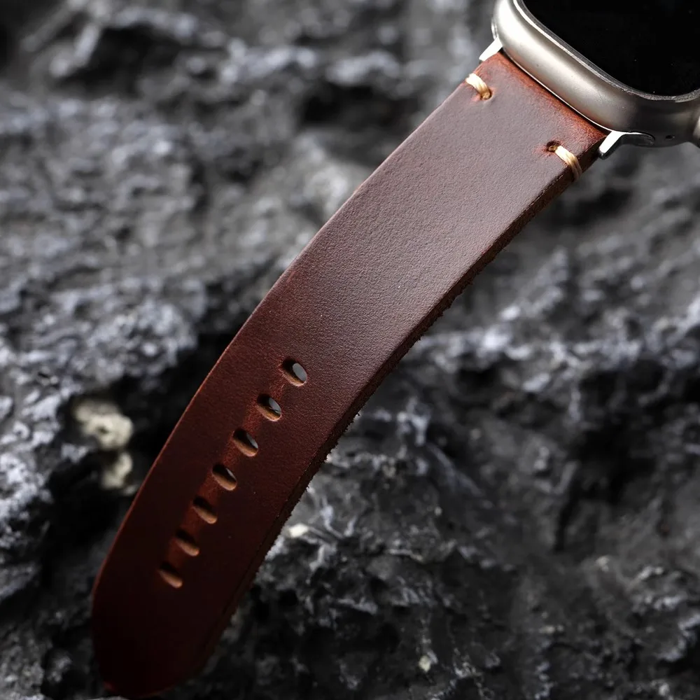 Handmade Top Layer Cowhide Strap 44MM 45MM 49MM Suitability For Apple Watch S9 Ultra2 Brown Thick and Durable Leather Bracelet