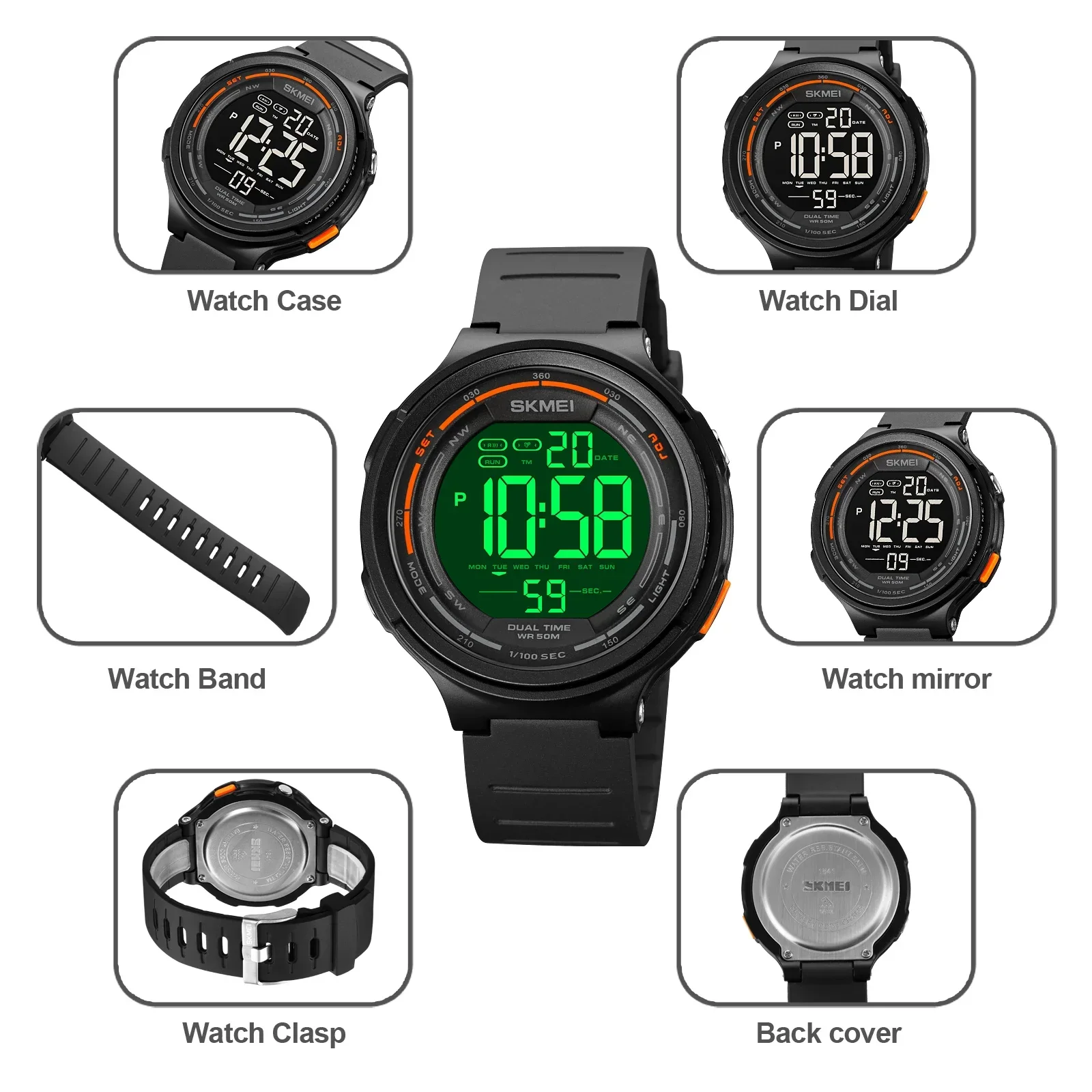 SKMEI-reloj deportivo Digital para hombre, cronógrafo de pulsera, resistente al agua, 5Bar, 1841, 1894, 1858