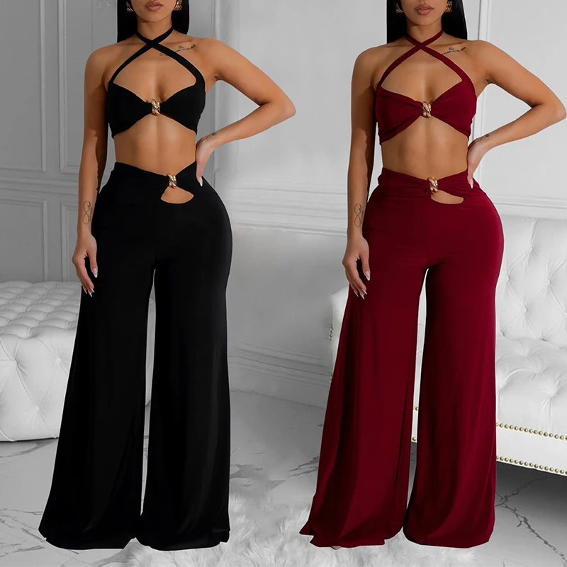 

BKLD Chic Sexy Velvet Party Women's Metal Ring Splicing Outfit Cross Halter Neck Open Back Lacing Tank Top+Cutout Wide Leg Pants