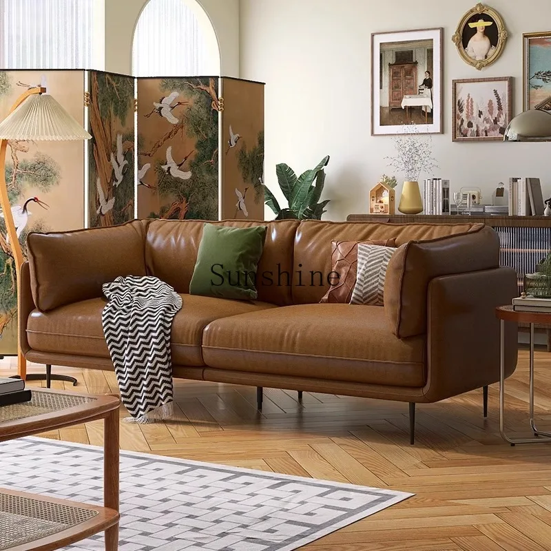 Retro leather sofa cowhide living room Italian design, straight row small apartment surrounded