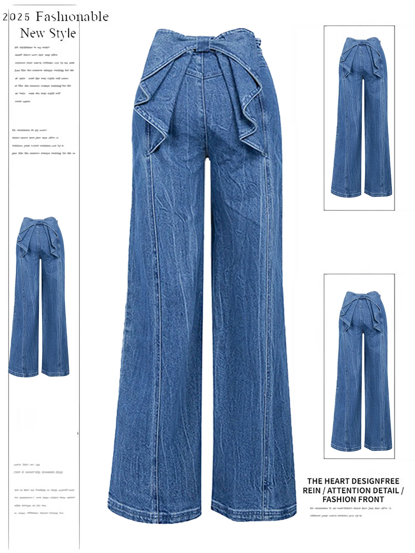 

Loose Wide Leg Denim Jeans Women's Spring Autumn New Design Sense Bow Tie Straight Leg Pants Floor-Length Pants Blue