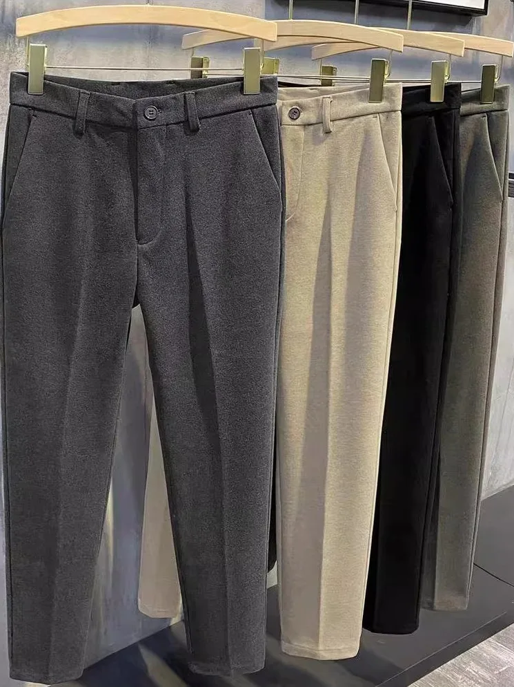 

Зимние шерстяные брюки-леггинсы приталенного кроя для мужчин, повседневные, длинные, модные, в корейском стиле, теплые, прямые, из полиэстера и вискозы