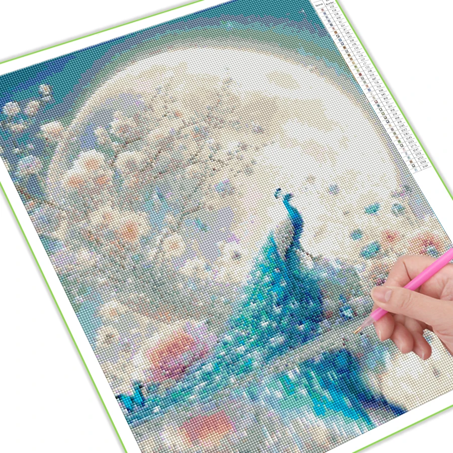 Fullcang Diy Diamond Painting Complete Kits New Collection Moon Peacocks Flower Full Mosaic Embroidery Animals Bird Wall Decor