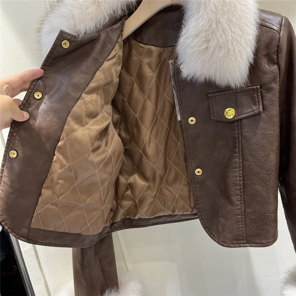 French Elegant Real Fox Fur Collar Leather Jackets for Women 2023 Winter New Short Moto Biker PU Leather Coat Female Y4685