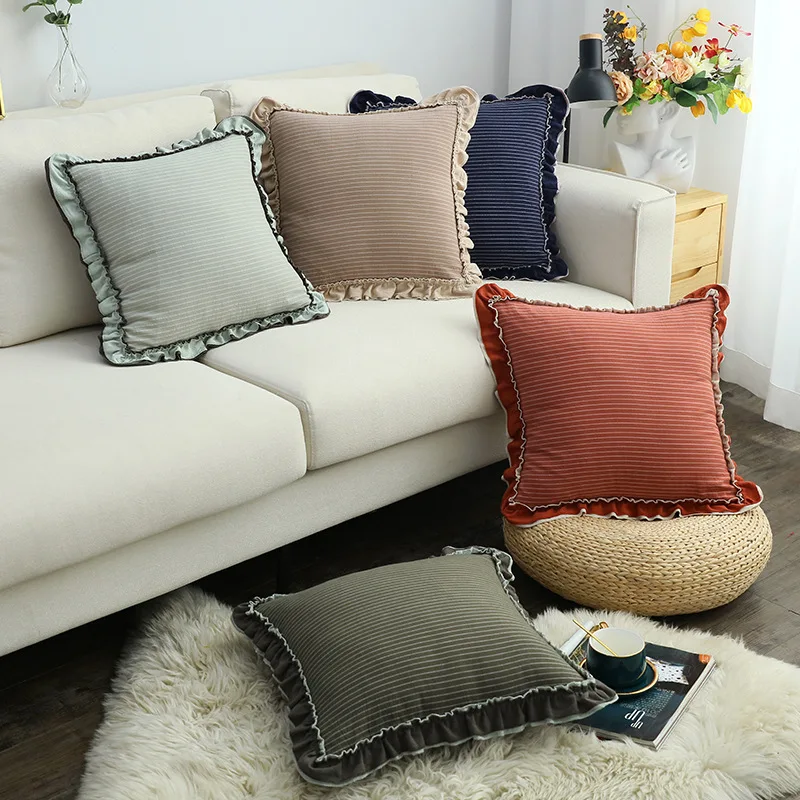 Pillow Cover, Cotton Sand Washed Lotus Leaf Lace Sofa, Countryside Striped Sofa, Waist Pillowcase, Cushion Cover