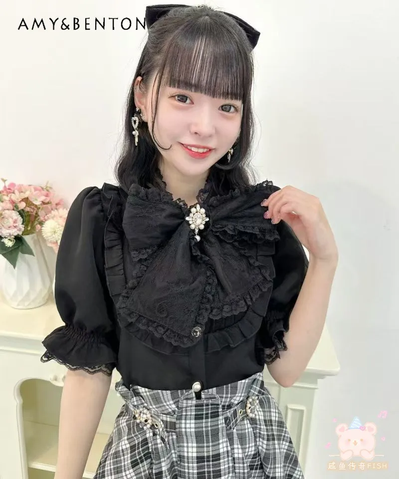 

Japanese RJ New Sweet Cute Bow Ruffled Puff Sleeve Shirt Women Summer New Mine Mass-Produced Kawaii Lolita Camisas De Mujer