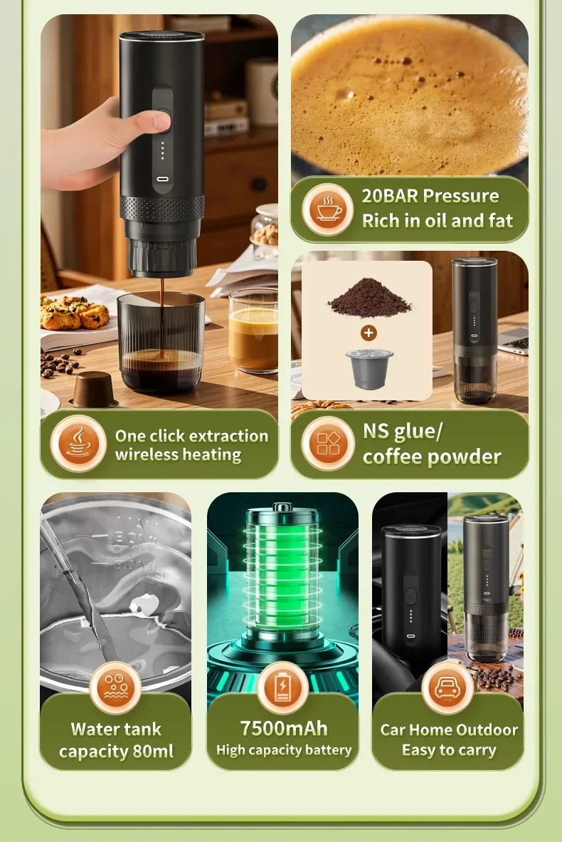 2-in-1 kabellose elektrische Espressomaschine für Auto und Zuhause, Camping, tragbare Kaffeemaschine, Kapselpulver, Reise-Kaffeemaschine – Detail 3