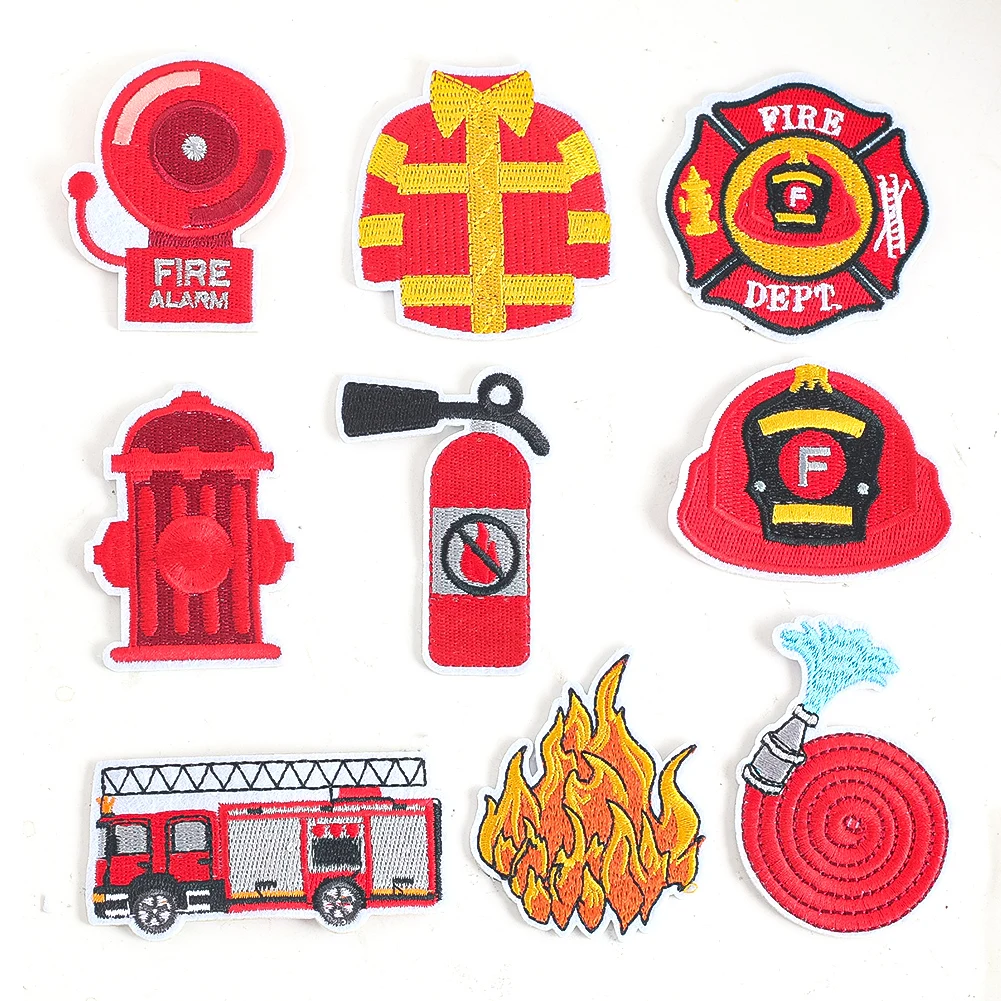 9PCS Fire Protection Theme Set PatchesFlame Fire Suit Fire Engine Extinguisher Embroidered DIY  for Jeans Clothes Backpack Badge