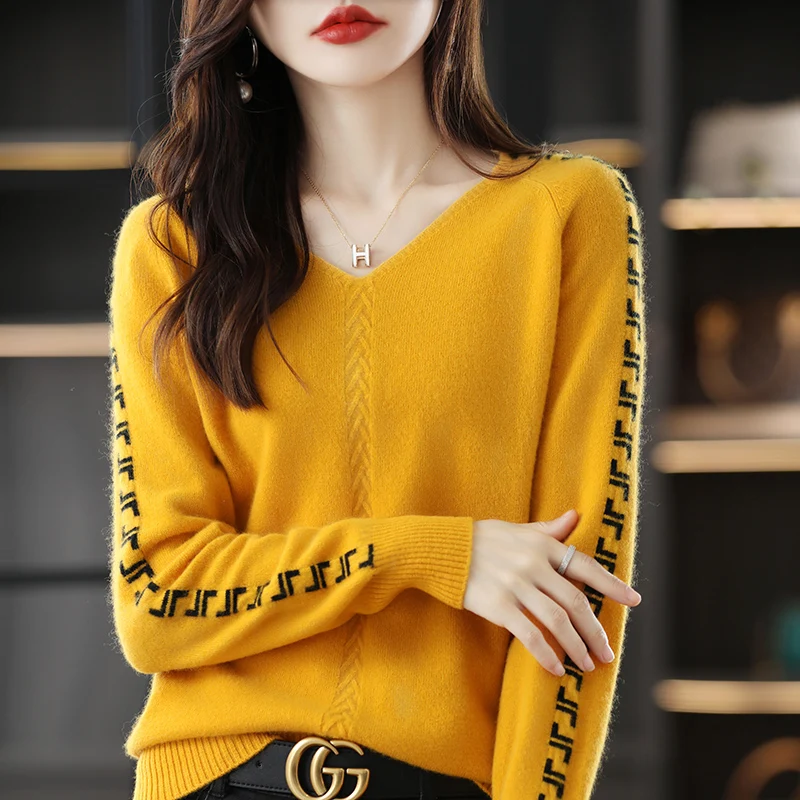 Pure Wool Sweater Women\'s V-Neck Stitching Long-Sleeved Top Autumn Winter Warm Commuter Pullover Loose Knitted Cashmere Sweater