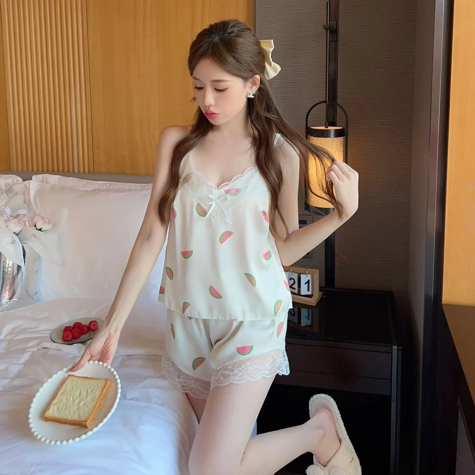 

Pajama Sets Women Lovely Korean Style Summer Stylish Thin Print Girlish Homewear Sweet Femme Popular Light Soft Lounge Sling