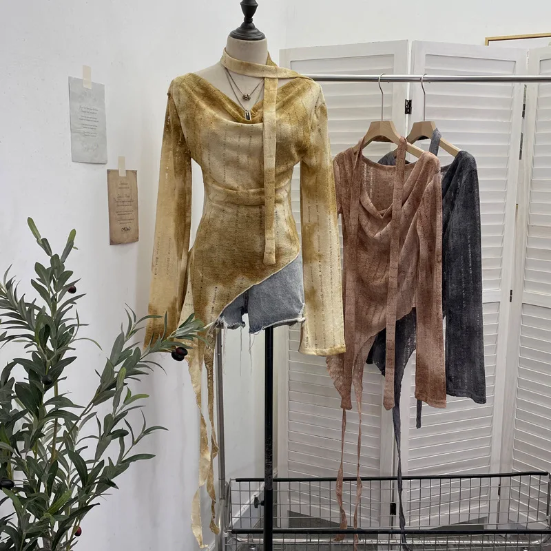 Women's Sexy Off The Shoulder Long-sleeved Ripped Knitted Top Hollow Irregular Streamer T-shirt Women