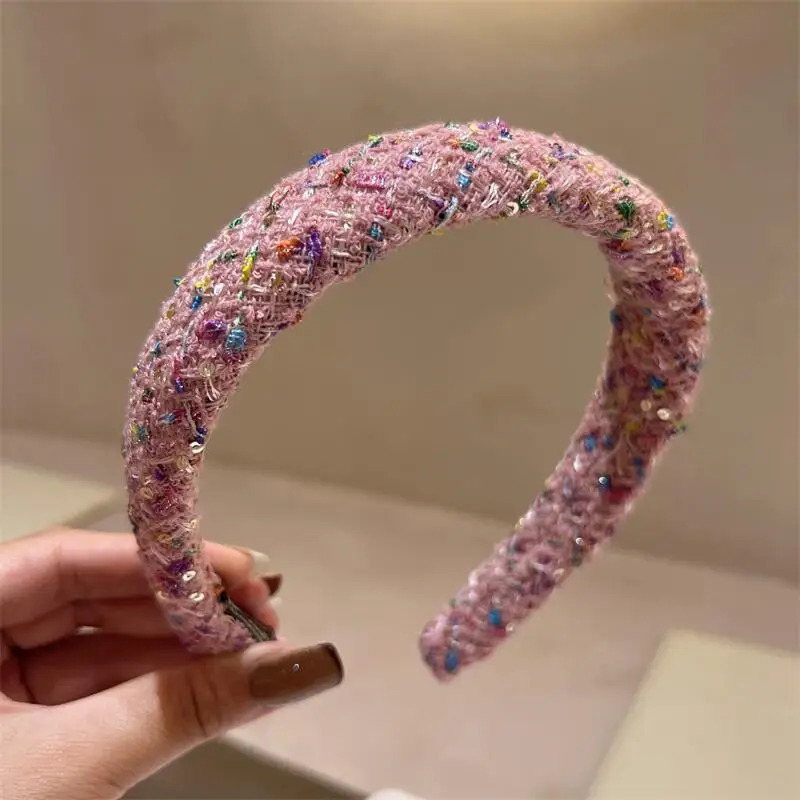 Sweet Pink Wide-brimmed Sponge Hair Band for Women Hot Fashion Headband Tweed Fabric Hoop Hairband Y2k Girls Hair Accessories