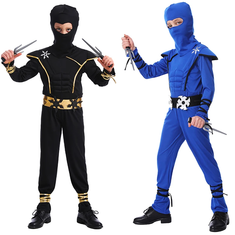 Disfraz de Ninja para niños, traje de Kungfu para Halloween, azul y negro, fiesta de lujo, cumpleaños, trajes para niños