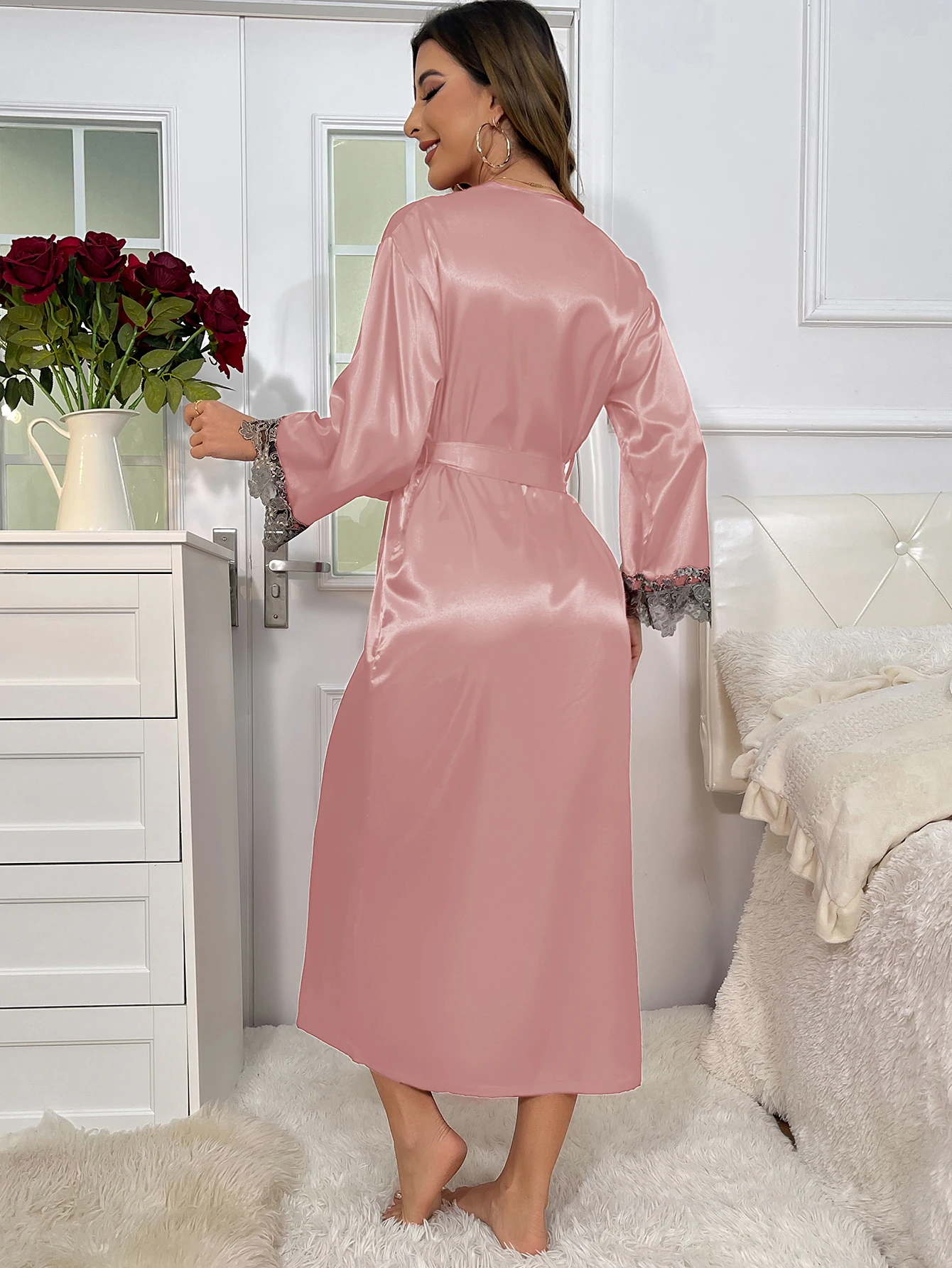 2cs Contrast Lace  Long Sleeve Belted Robe V Neck Slip Dress Sexy Elegant Women Pajamas  Sets