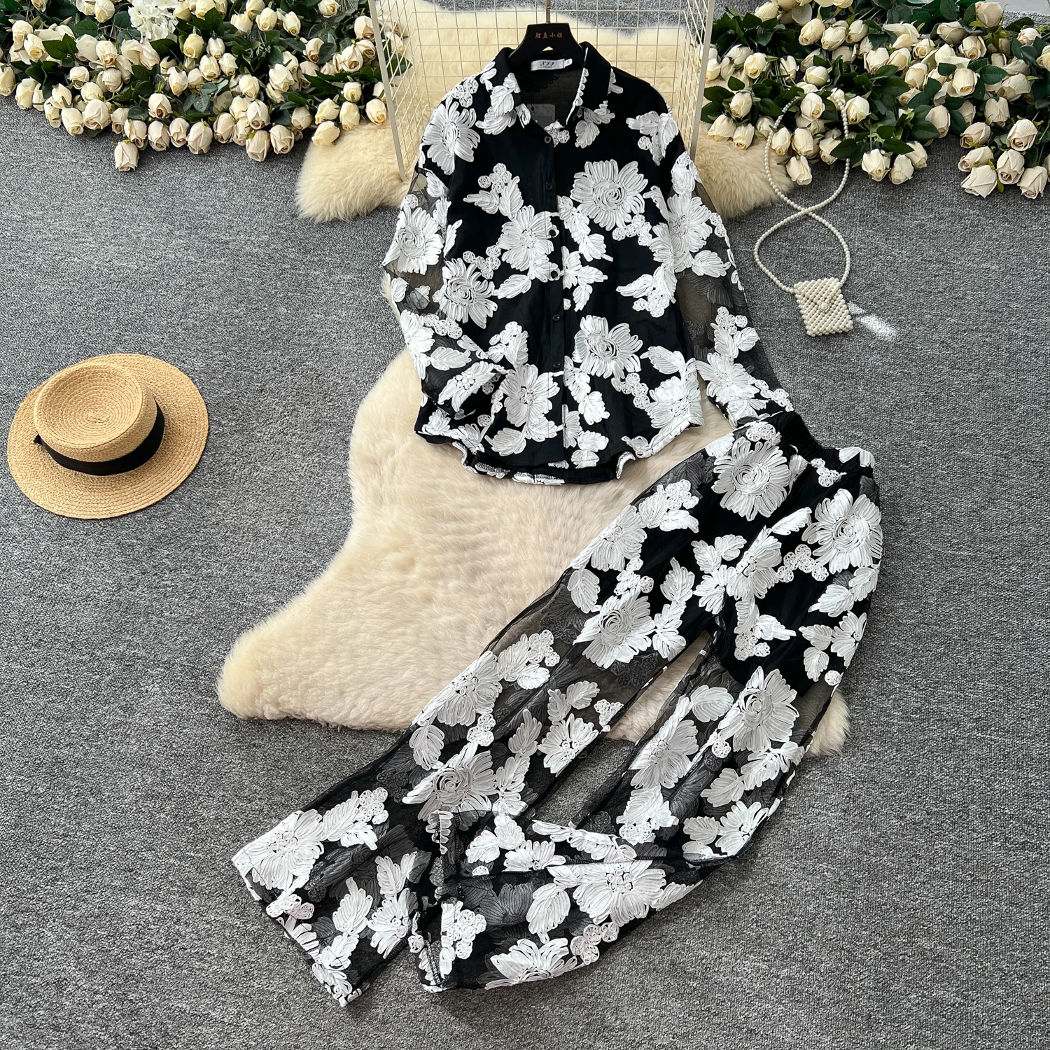 

Сексуальные комплекты из двух предметов, свободный топ с трехмерными пуговицами и длинными рукавами, модные комплекты с широкими осенними брюками с высокой талией