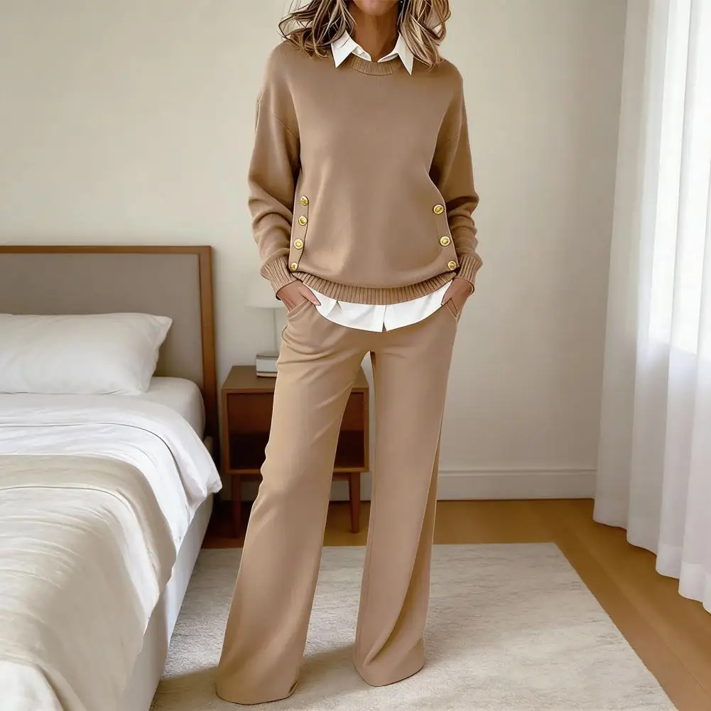 

New Autumn Winter Button Knit Pants Set Women's Trendy Slim Fit Fake collar Sweater and Pants Chic Commuting Sweater Outfit