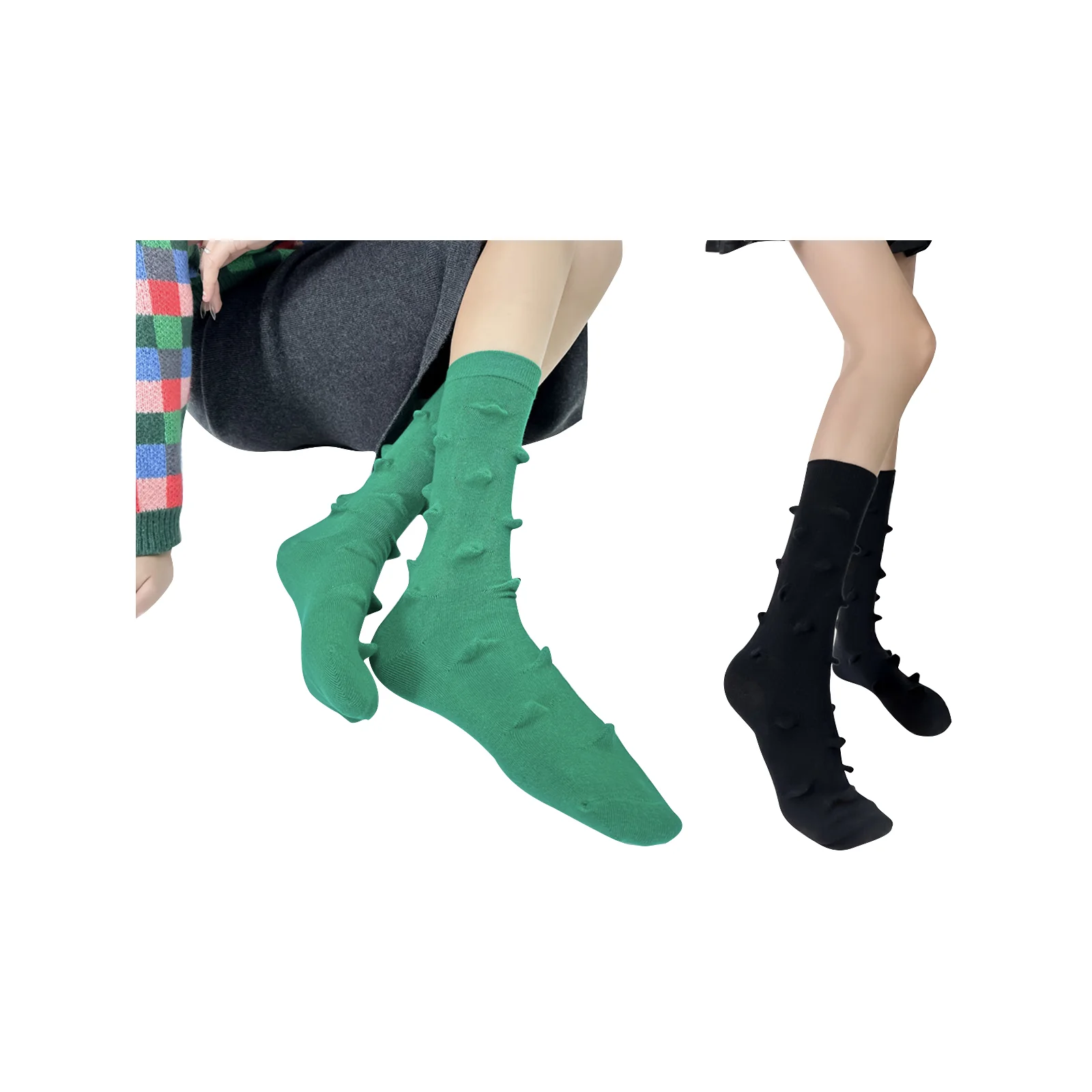 Solid color mid-calf socks, cute hedgehog socks, 1 pair each of green + black