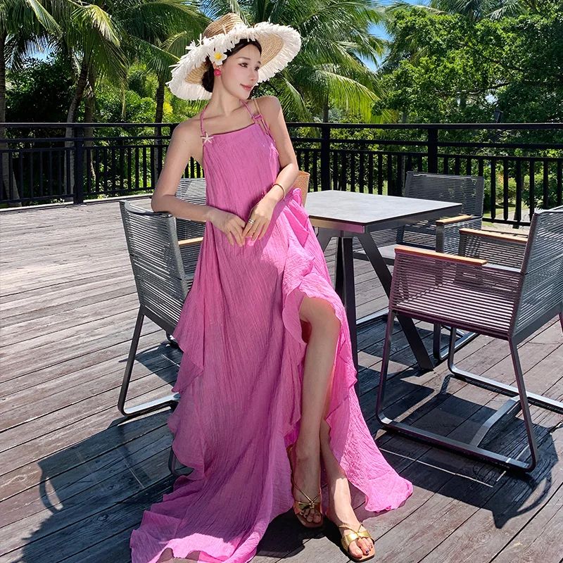 

Beach Vacation Ruffled Halter Dress Women Summer Dopamine Irregular Backless Split Strap Long Dress