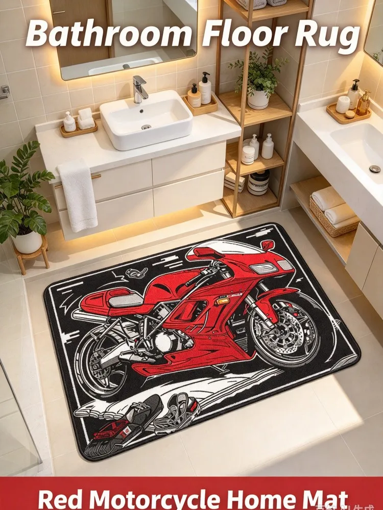 **Red Motorcycle Graphic Area Rug, Black White Racing Bike Floor Mat, Cool Sportbike Decorative Carpet for Entryway Bathroom Bal