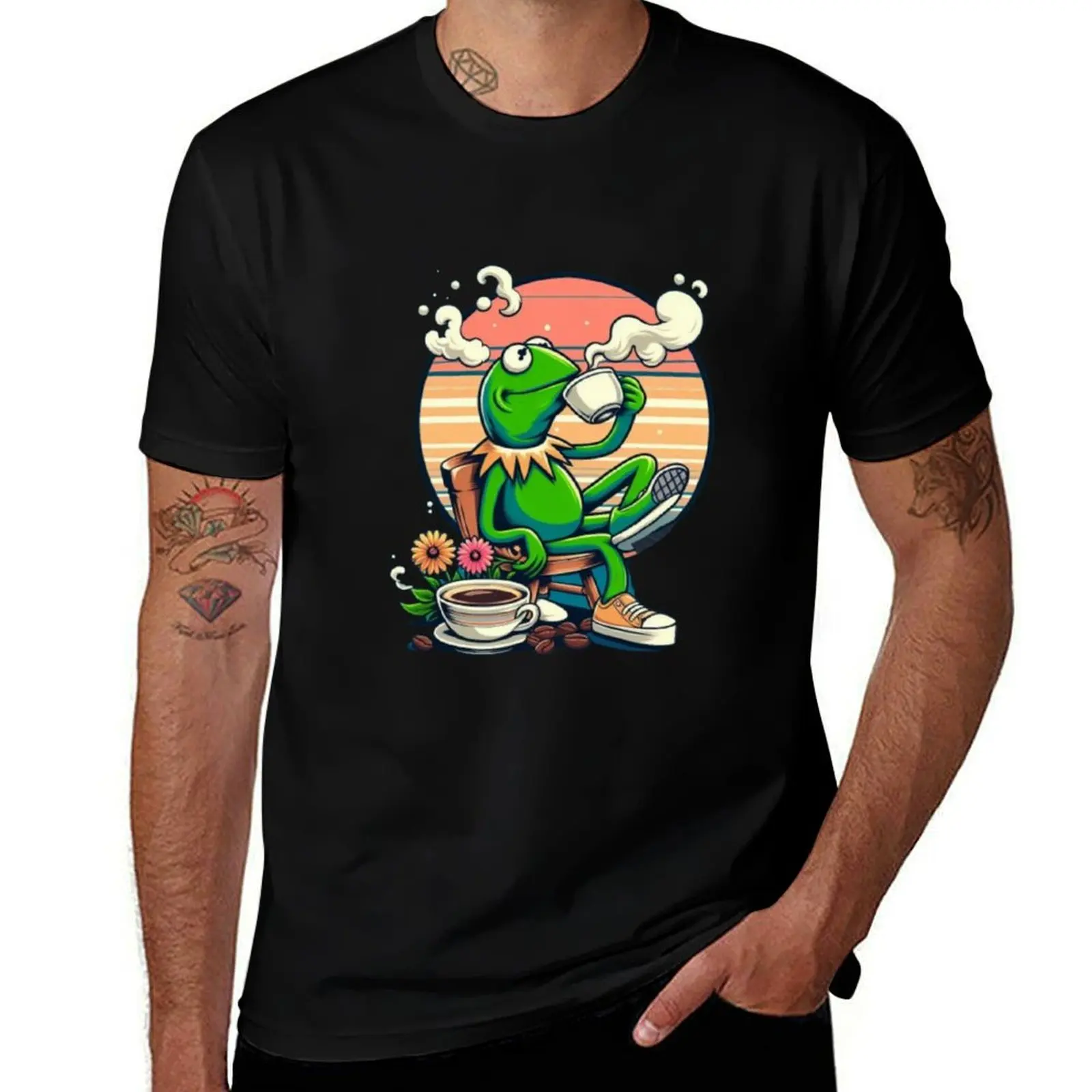 

Kermit Sipping Tea gif. Funny Kermit sitting on a bench as he enjoys his coffee. T-Shirt summer 2025 topping mens white t shirts
