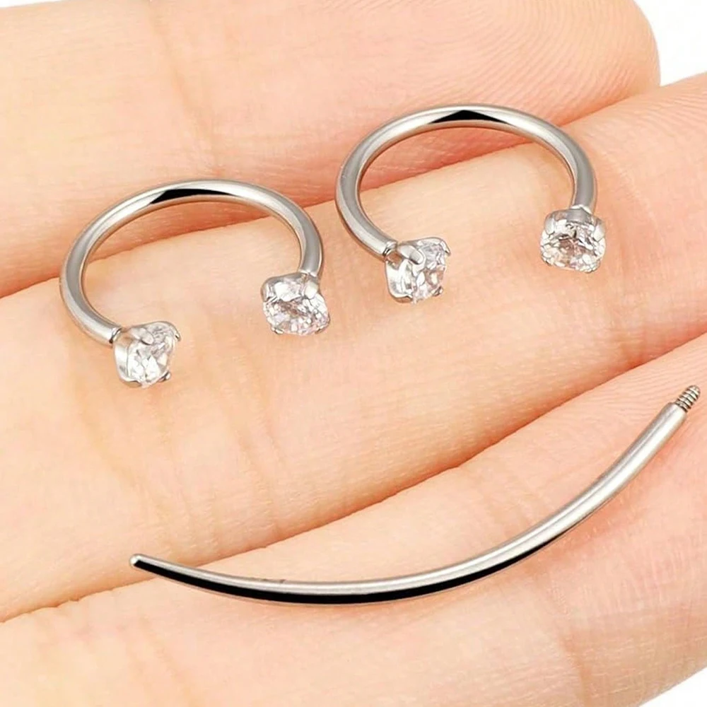18 جرام 2 قطعة حلقات أنف حدوة الحصان ترصيع مع 1 قطعة ثقب الكرة المستدقة المنتزع ، الفولاذ المقاوم للصدأ مزدوجة مكعب زركونيا الأنف ترصيع #6