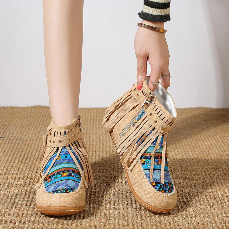 2025 خريف شتاء جديد الغربية حذاء من الجلد للنساء البوهيمي هامش مريح الجلد المدبوغ حذاء مسطح مع حزام مشبك رصع #3