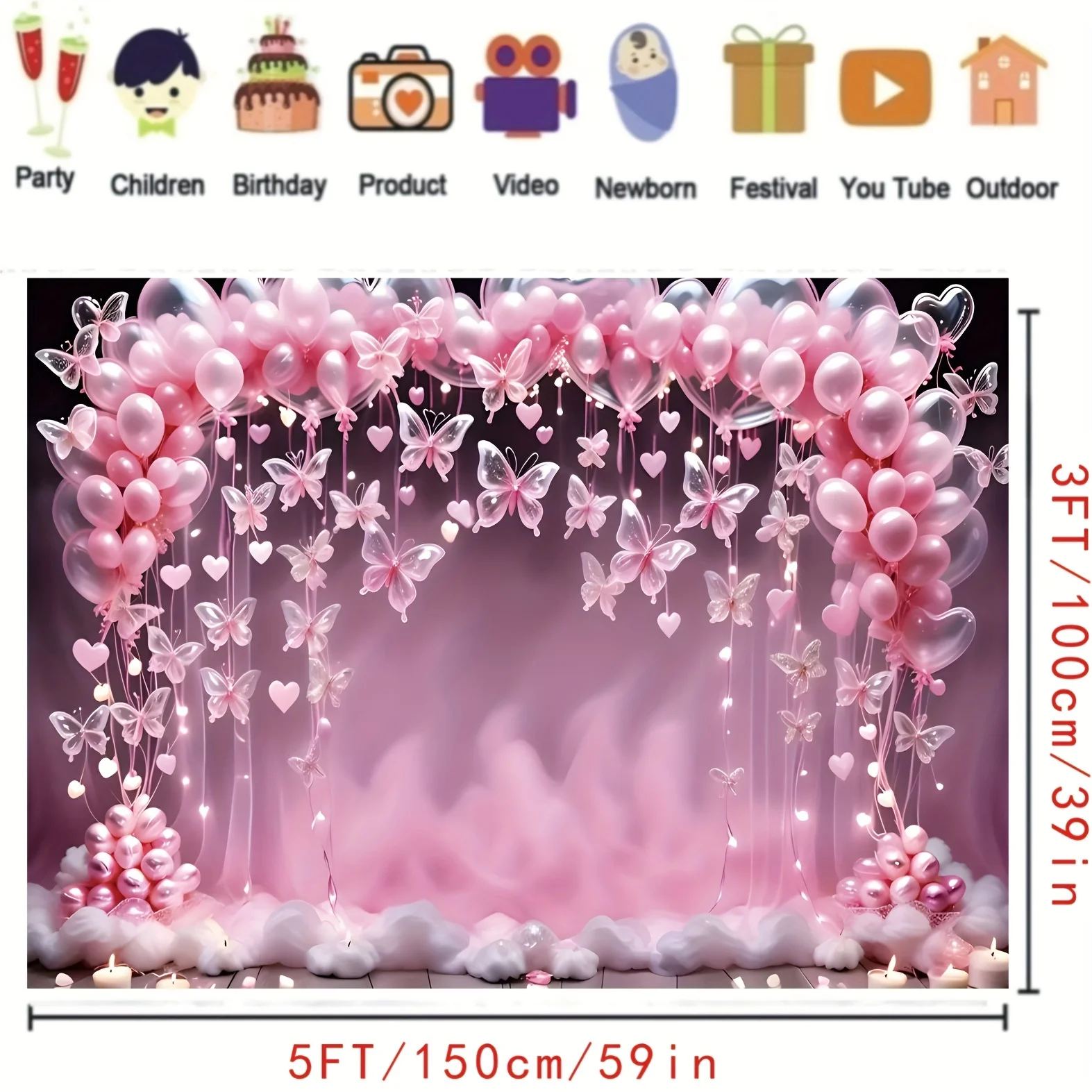 The pink butterfly birthday celebration background features heart-shaped string lights and clouds, teen showers and parties