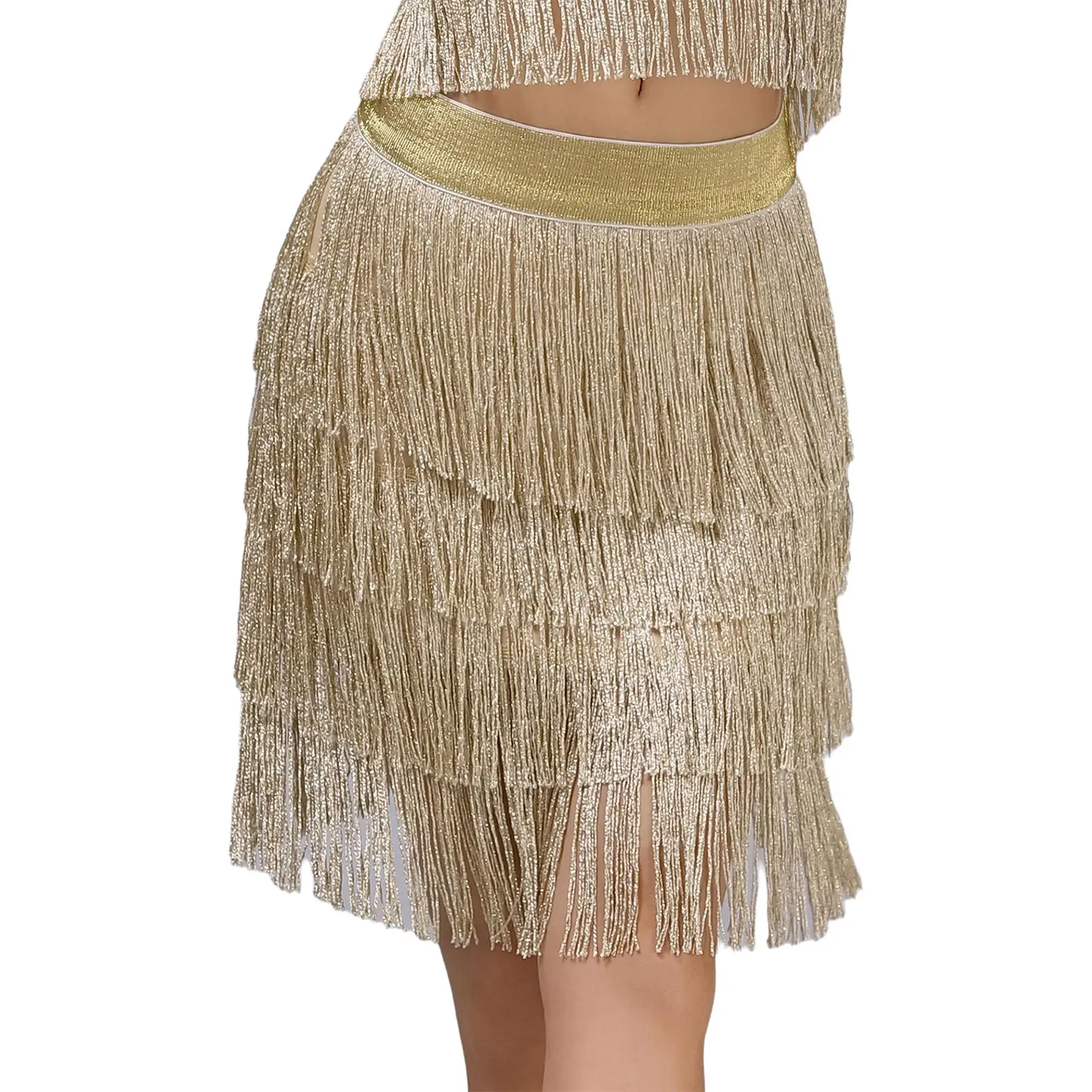 المرأة شرابة اللاتينية التانغو تنورة رقص لامعة مطاطا حزام المتدرج هامش سوينغ تنورة ل تشاتشا رومبا السامبا ملابس رقص