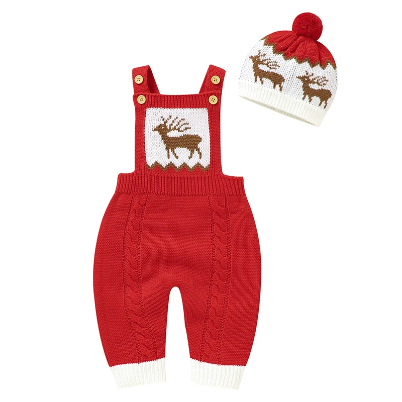 Baby Christmas Rompers Hats Clothes Red Reindeer Knitted Winter Newborn Boys Girls Jumpsuits Outfits 2pcs Infant Unisex Overalls