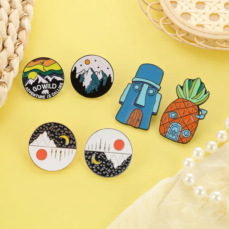 Pineapple Enamel Pins House Round Sunrise Sunset Oil Painting Brooches Lapel Badges Icons Anime Jewelry Gift for Kids Woman