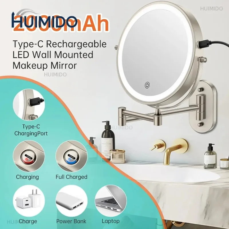 Brushed Nickel Touch on Bathroom Mirror Wall Mounted Lighted Hotel Bathroom Makeup Mirrors 5X Magnifying Led Folding Bath Mirror