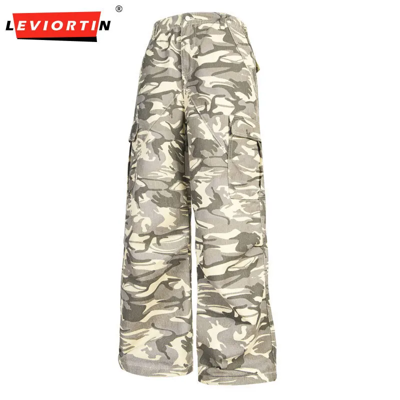 American Rose Camouflage Printed Puff Handsome Work Pants 2024 Spring New Fashionable Straight Loose Casual Pants KE-2130