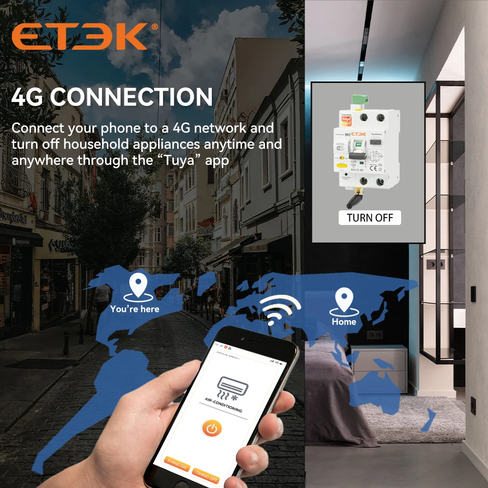 ETEK Tuya WIFI Smart Circuit Breaker RCBO Smart Life Remote Control Short Circuit Protection Timed 2P 16A 25A 32A 40A 63A EKR3L