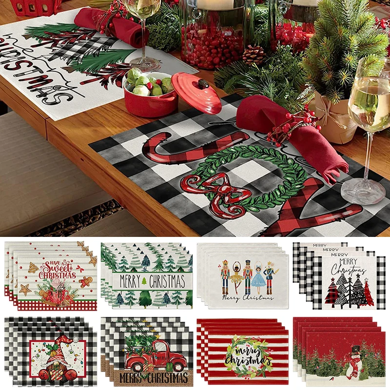 4Pcs Christmas Linen Meal Mat Nutcrackers Xmas Snowman Placemats Set Winter Family Dining Table Decoration Vintage Table Mats