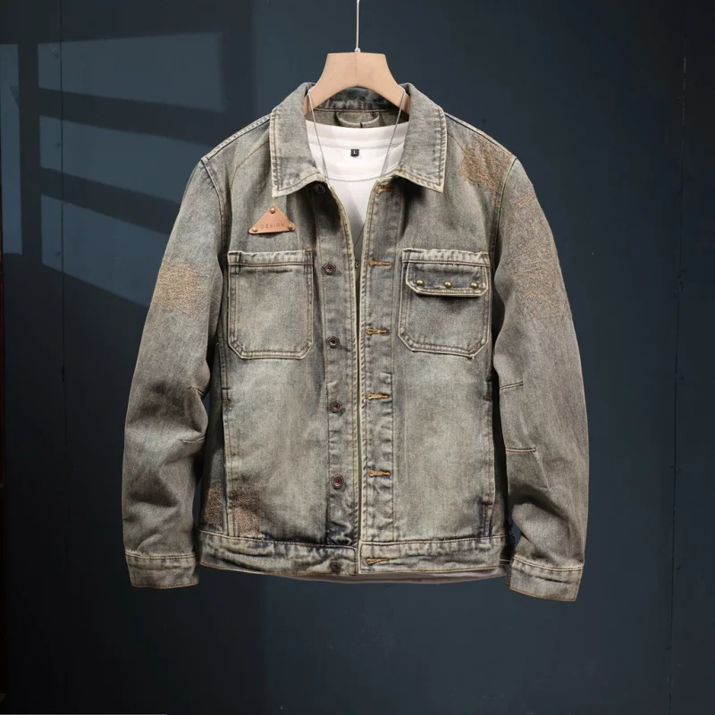 Veste en jean délavée rétro pour homme, haut de gamme, américain, rue décontractée, tendance, automne, nouveau, 2024