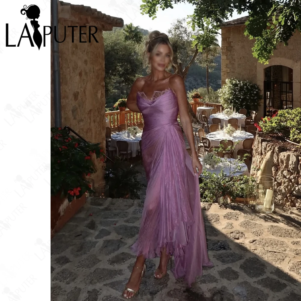 

Sheer Purple Evening Dresses Tea Length Crumpled A line Prom Dress Ruched Sweetheart Elegant Flowy Light Prom Dress New Arrive