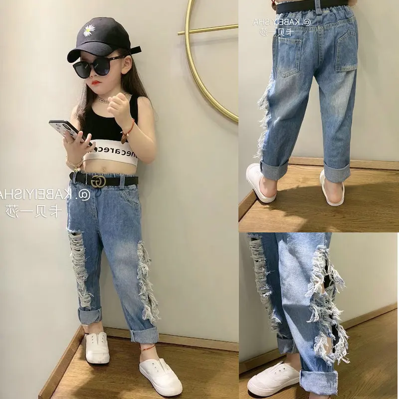 Boys and Girls Pants Side Seam Ripped Jeans Long Pants25Summer and Autumn New Fashion Foreign Trade Children's Clothing Wholesal