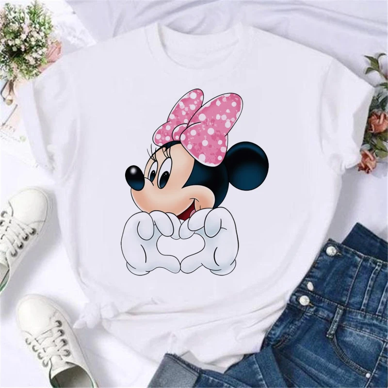 

Kawaii Disney Cartoon Minnie Printed T Shirt Women Fashion Mickey Mouse White Oversized T Shirt Female Clothes Ladies T-shirts