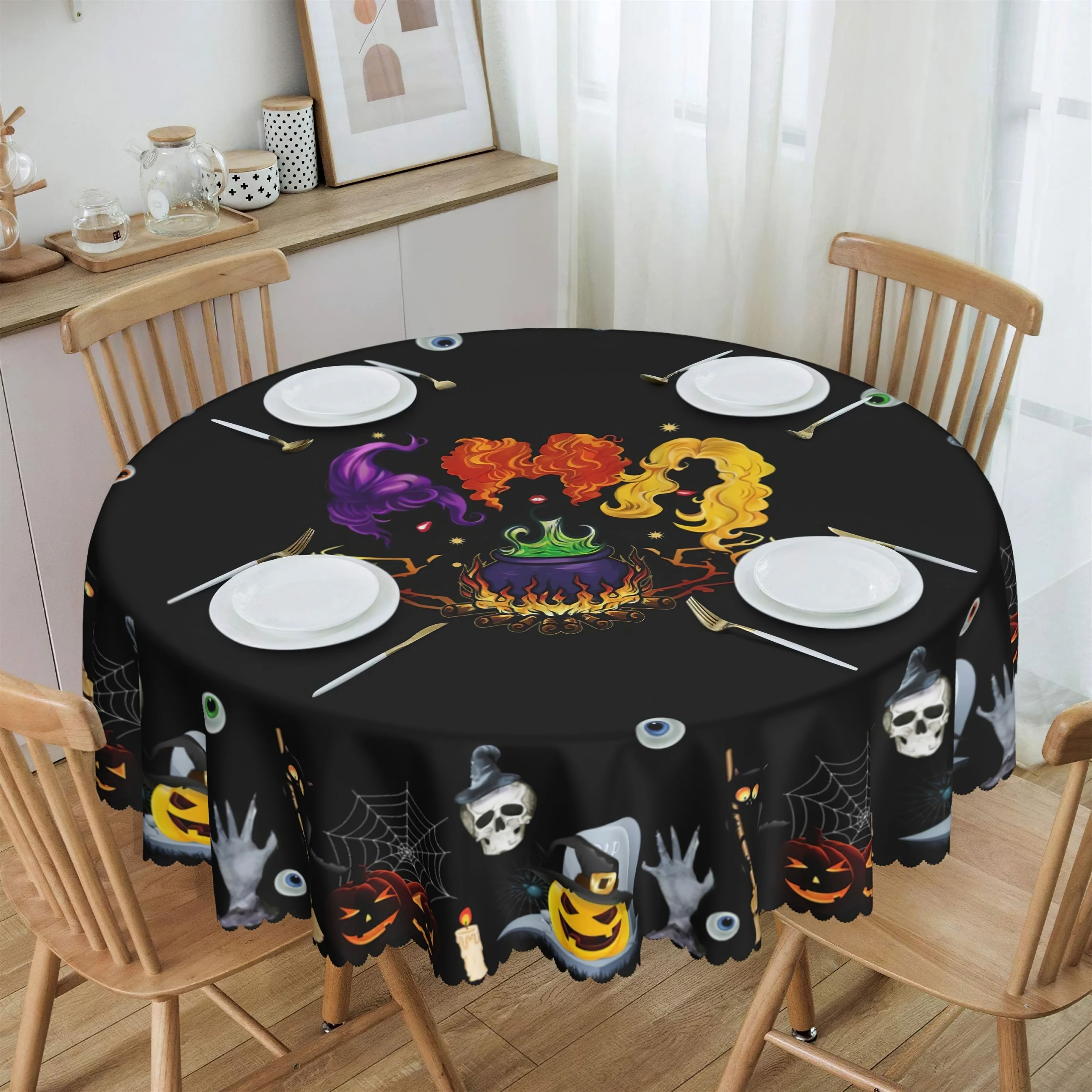 

1pcs Halloween Spider Web and Pumpkin Ghost Pattern Home Living Room Kitchen Round Tablecloth Holiday Party Dinner Decoration