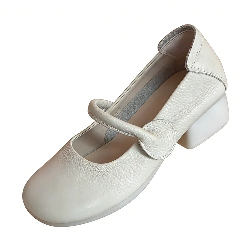 Spring Autumn Genuine Leather Shoes Comfortable Soft Mary Janes Shoes for Office Daily Wear Big Size 41 Black Beige DX882